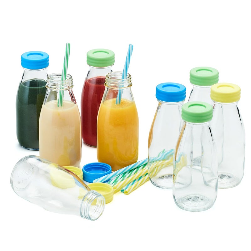 Hayley Cherie 10 oz Glass Milk Bottles with Lids & Straws (9 Pack) Small Airtight Glasses with Caps, Reusable Juicing Bottles for Yogurt, Water, Juice, Smoothies, Drinking, Kids Lunch, Mini Vintage Jars, Container - Image 1